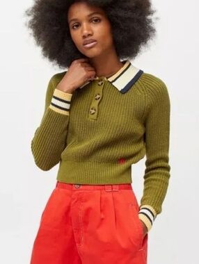 Urban Outfitters BDG Olive Green Cropped Polo Sweater with Cream‎ & Navy Trim